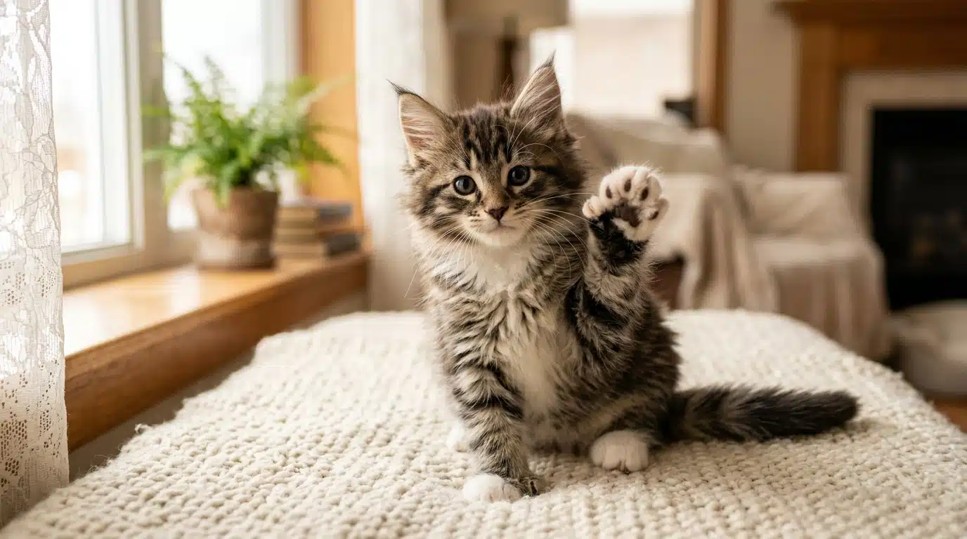 Chaton Maine Coon aux pattes montrant des orteils supplémentaires