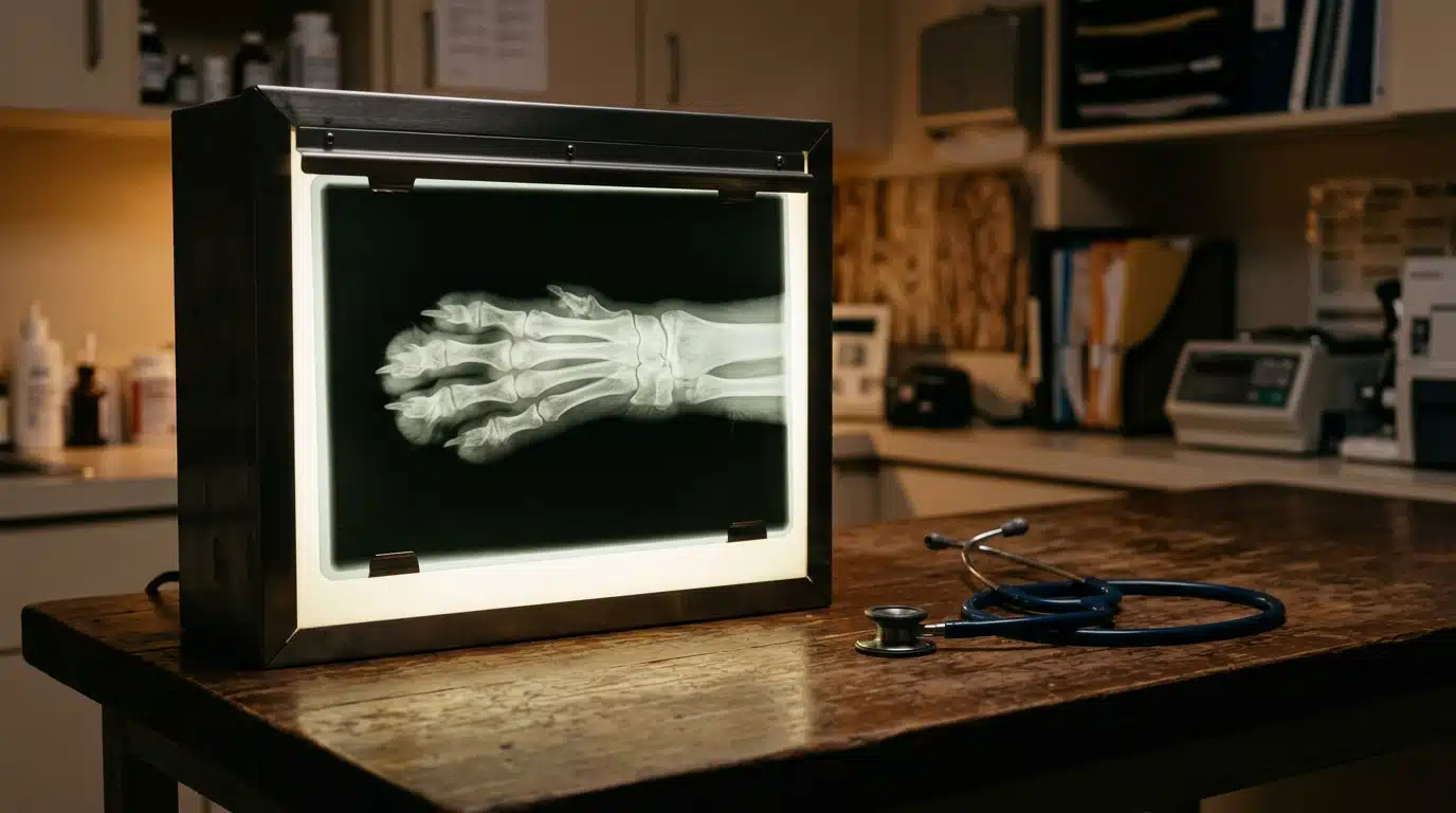 Radiographie de patte de chat sur négatoscope en clinique