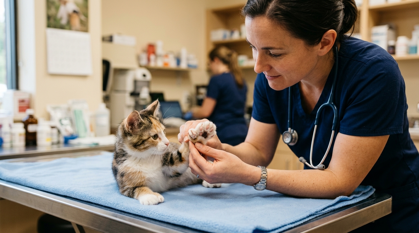 Vétérinaire examinant la patte polydactyle d'un chaton