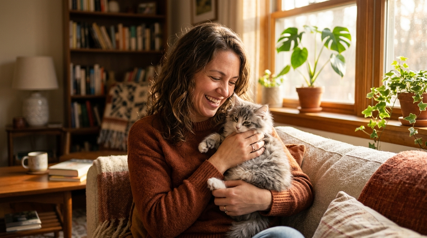 Femme souriante câlinant un chaton polydactyle à la maison