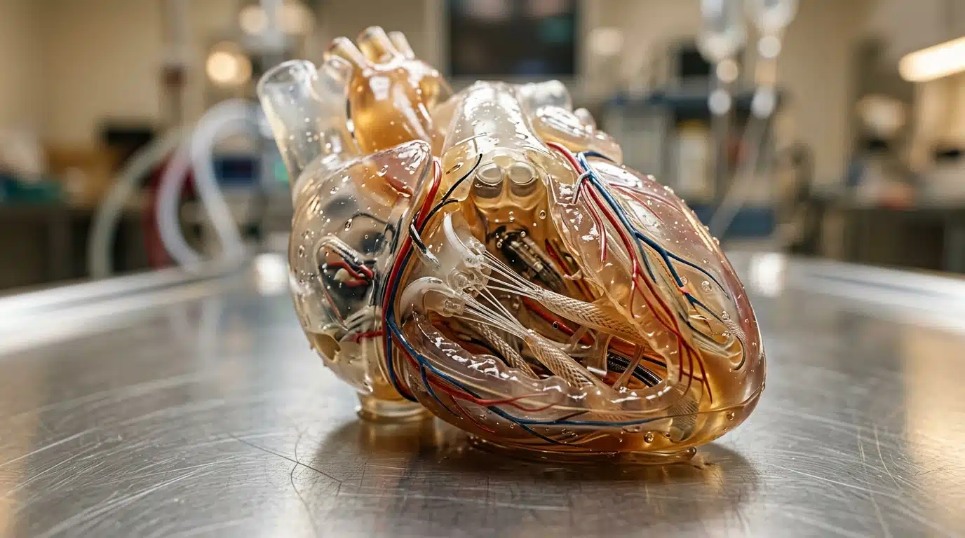 Cœur artificiel en silicone posé sur table de laboratoire