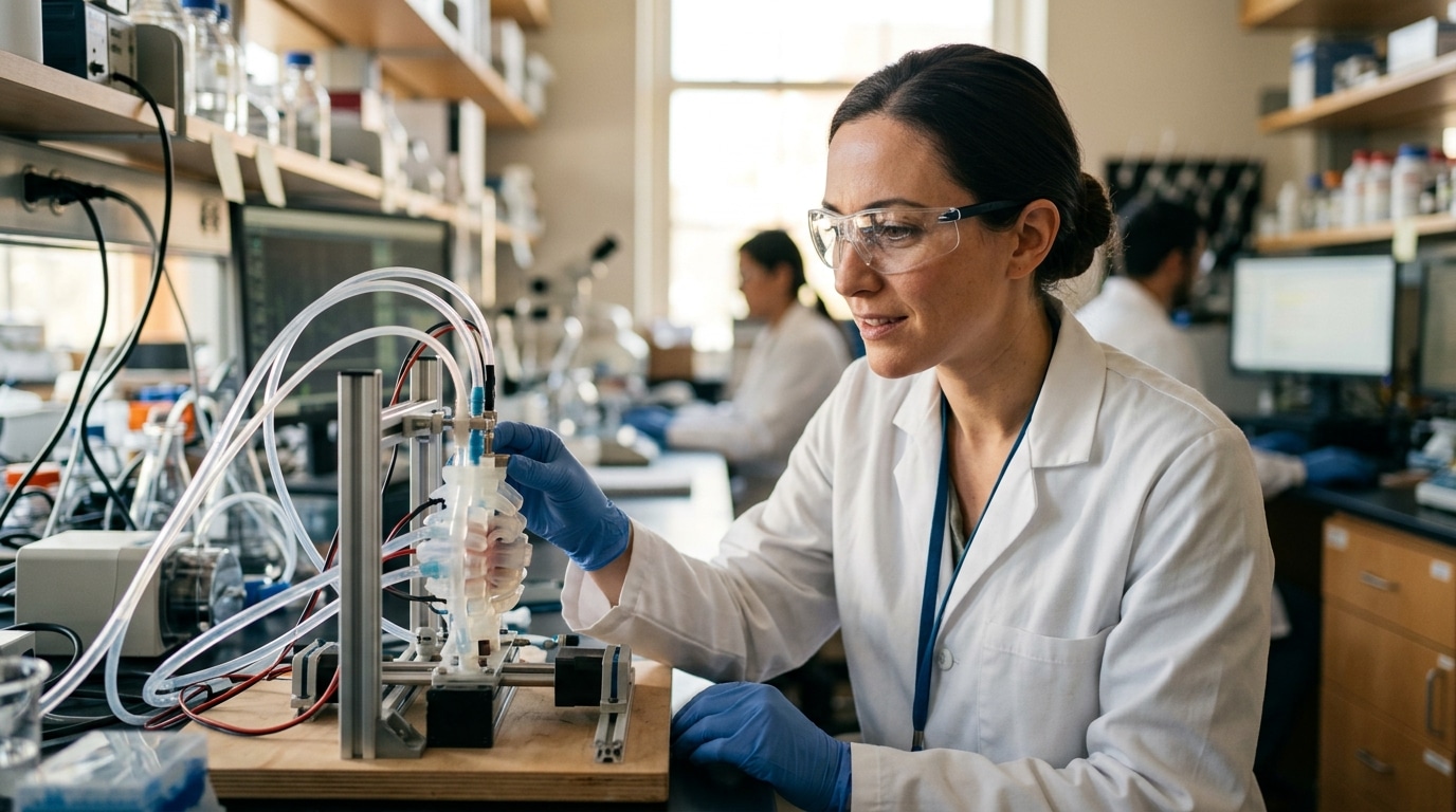 Chercheur observant un dispositif médical en laboratoire