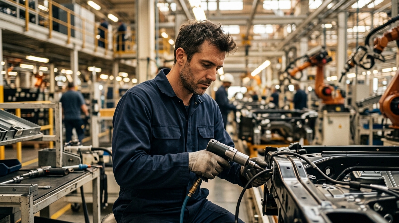 Ouvrier anonyme sur une chaîne de montage automobile