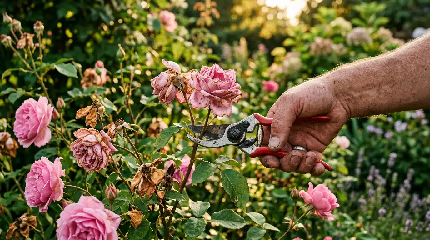 Sécateur coupant une fleur de rosier fanée