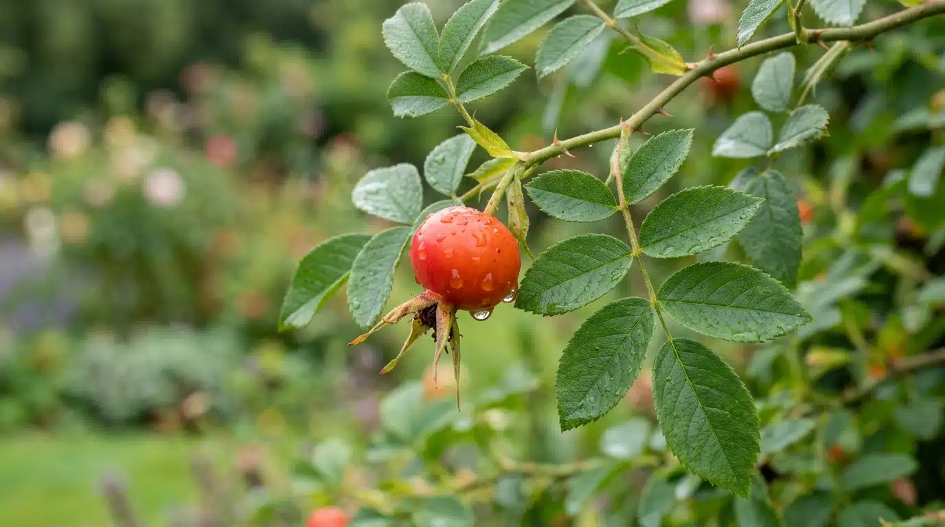 Cynorrhodon rouge sur tige de rosier