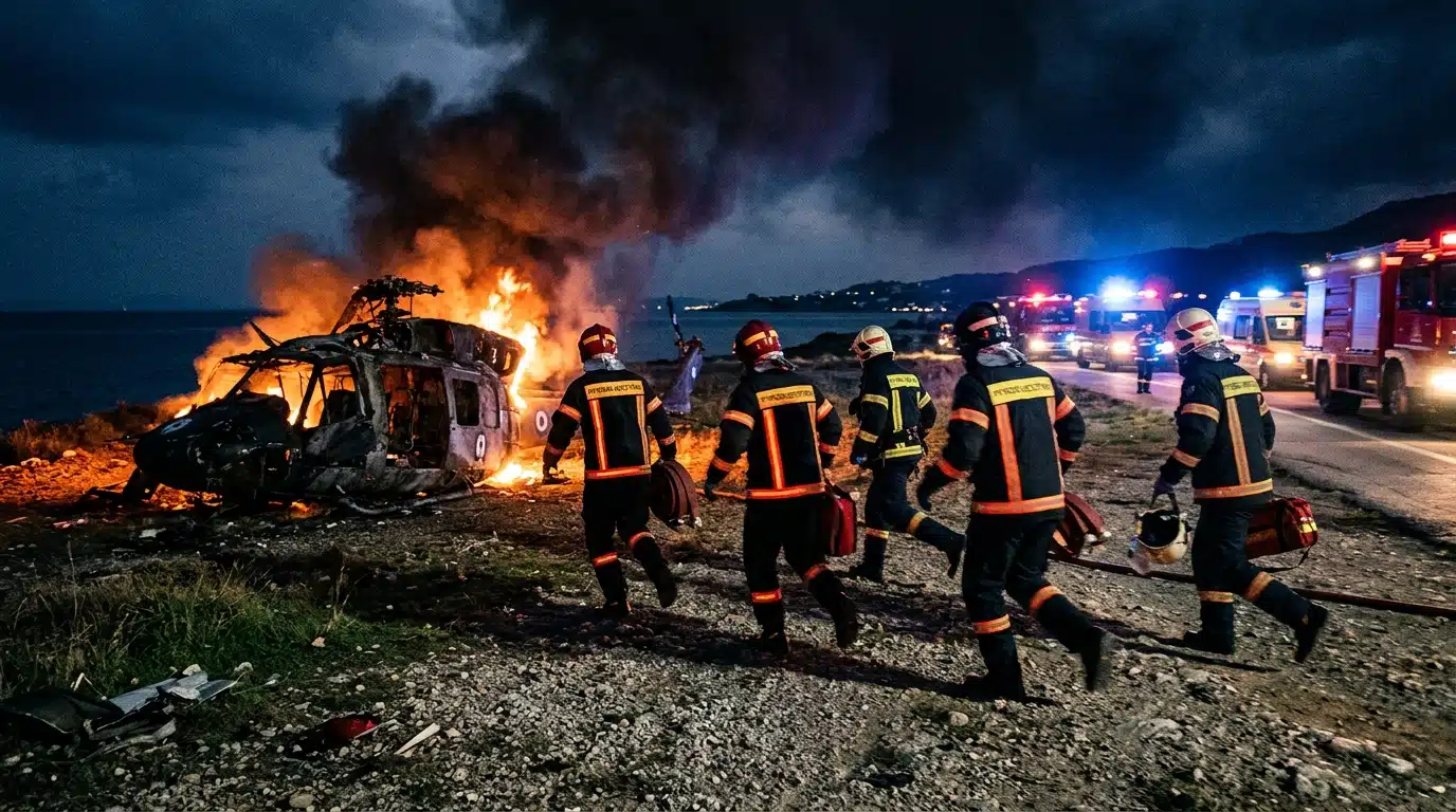 Pompiers grecs près de l'épave de l'hélicoptère en feu