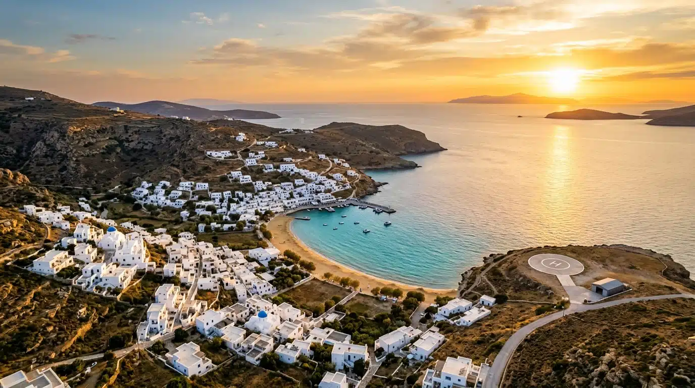 Vue aérienne de l'île grecque de Sifnos au coucher du soleil