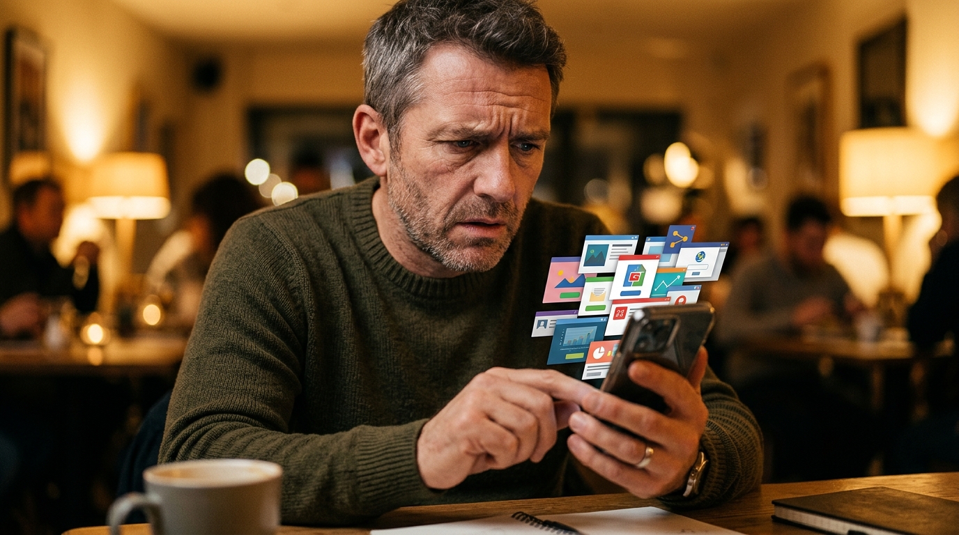 Homme inquiet devant des publicités envahissantes sur son smartphone