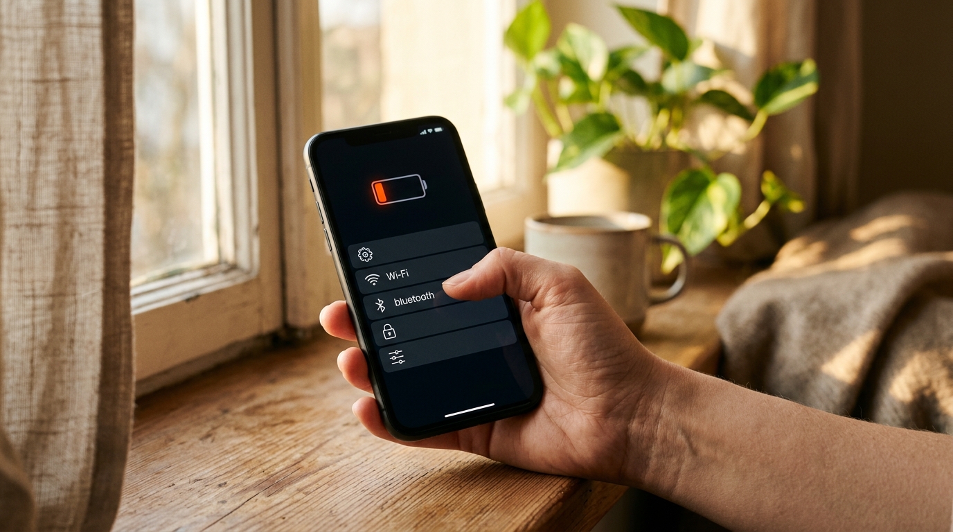 Main tenant un smartphone avec batterie faible et paramètres