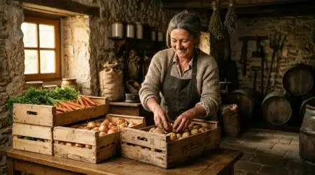 Femme rangeant des légumes dans des caisses en bois