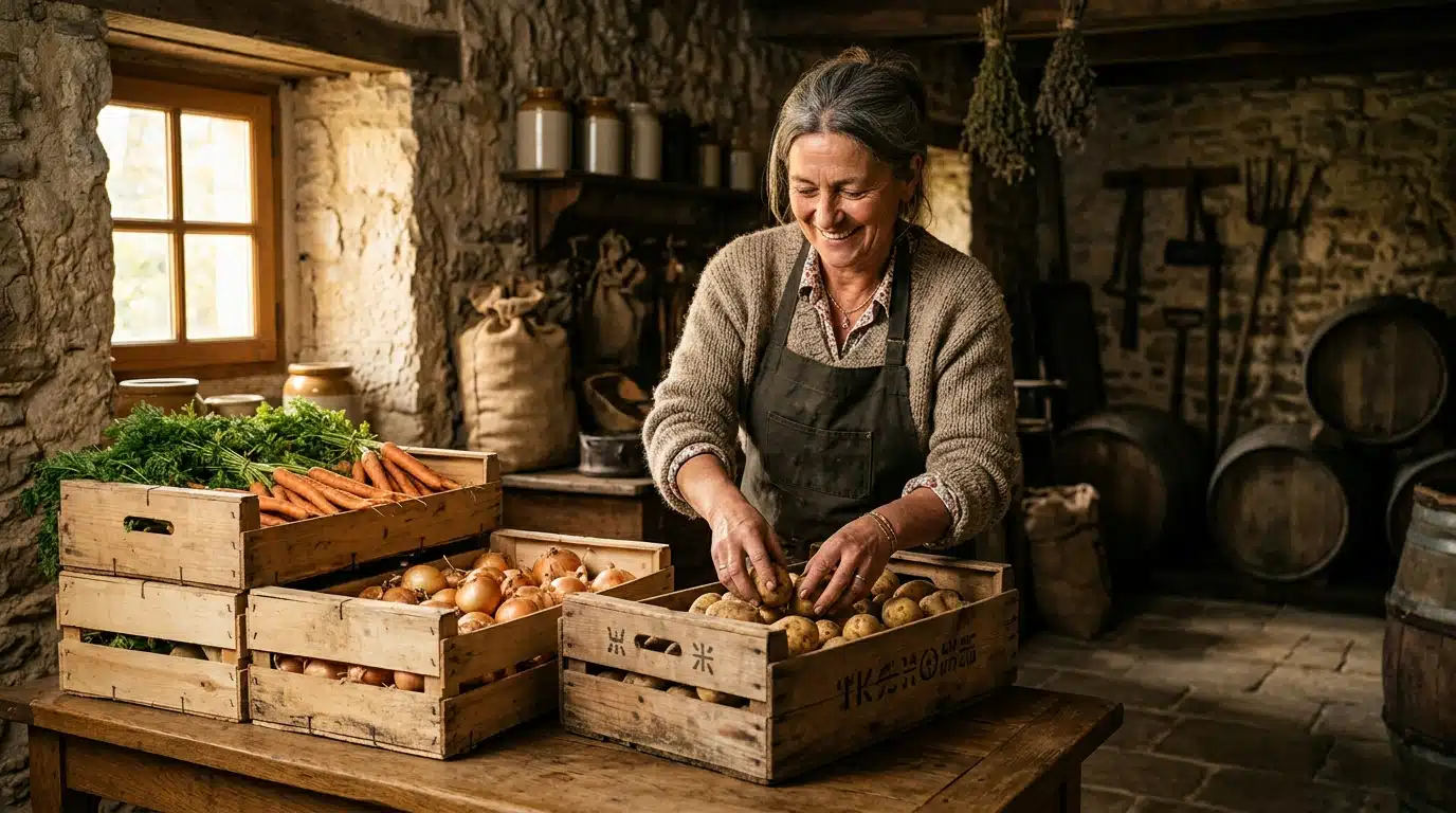 Femme rangeant des légumes dans des caisses en bois