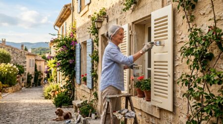 Homme repeignant des volets en couleur claire au soleil