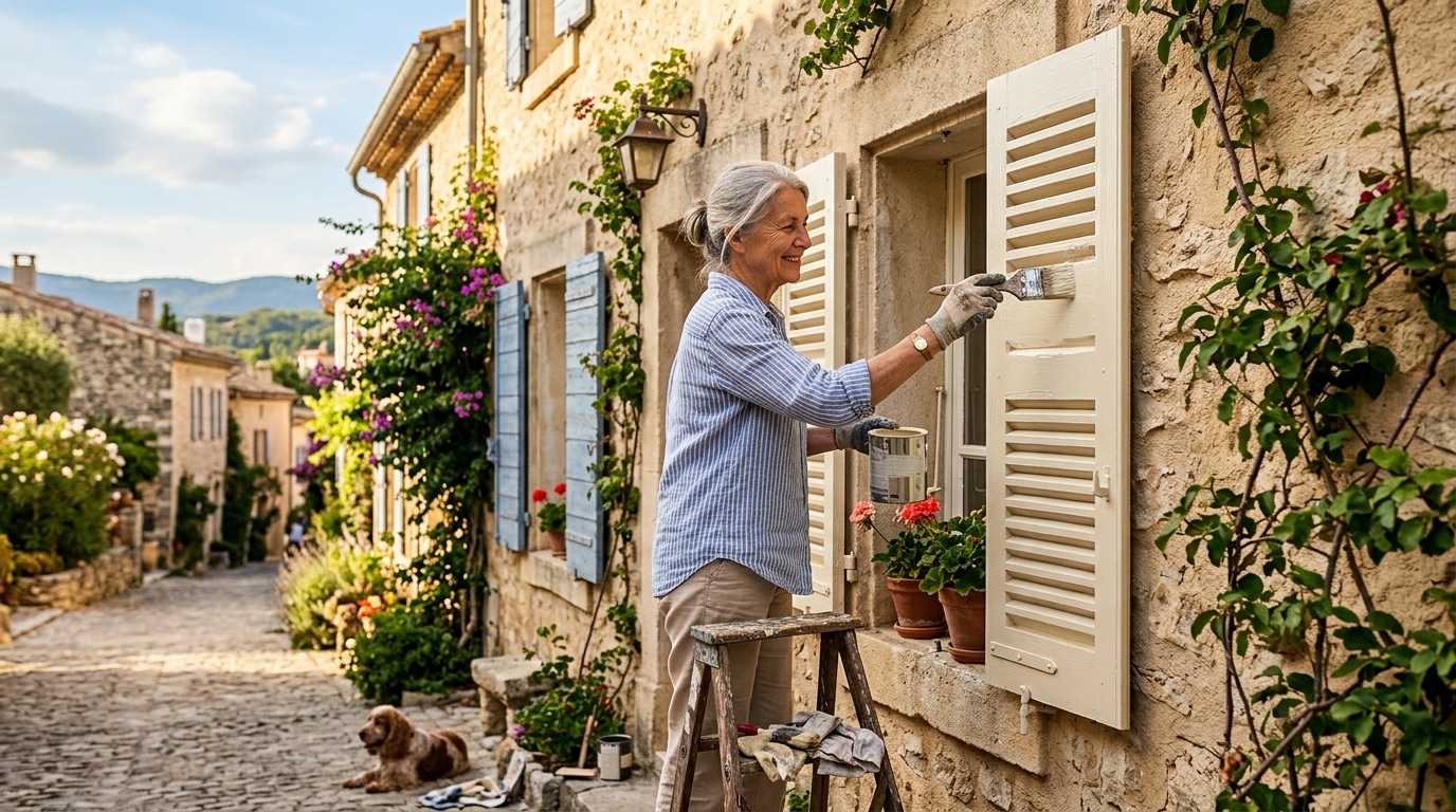 Homme repeignant des volets en couleur claire au soleil