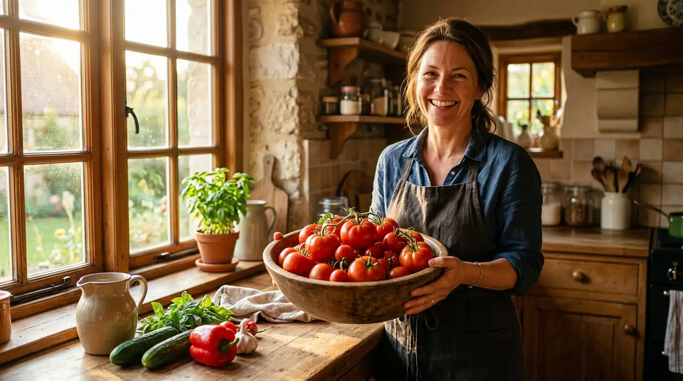 Femme souriante tenant un saladier de tomates fraîches