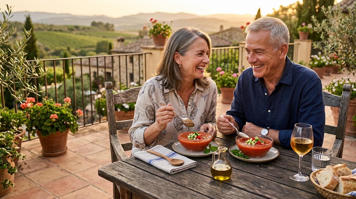 Couple dégustant un gaspacho frais en terrasse