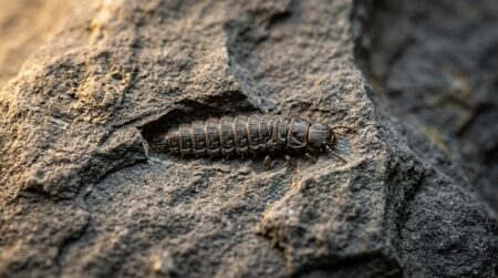 Fossile miniature de larve incrusté dans la roche