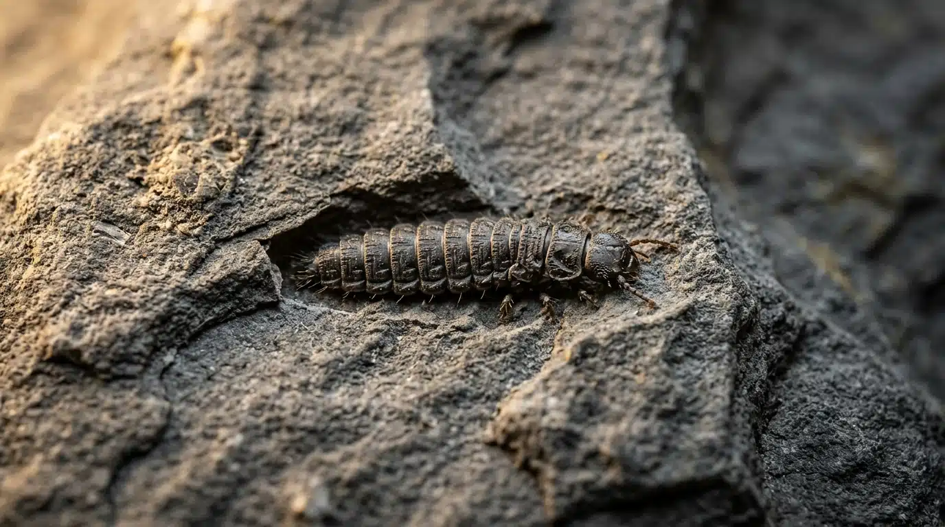 Fossile miniature de larve incrusté dans la roche