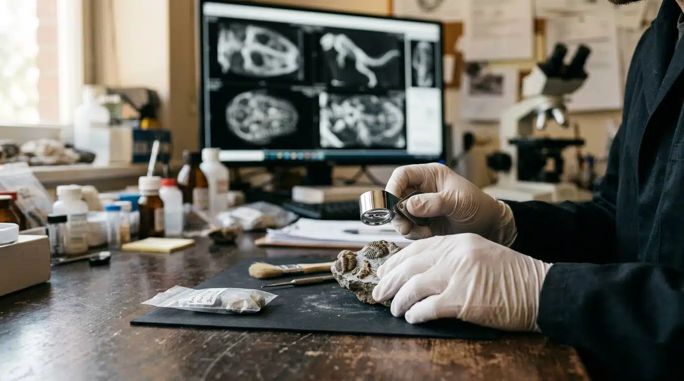 Mains examinant un fossile au laboratoire avec scanner