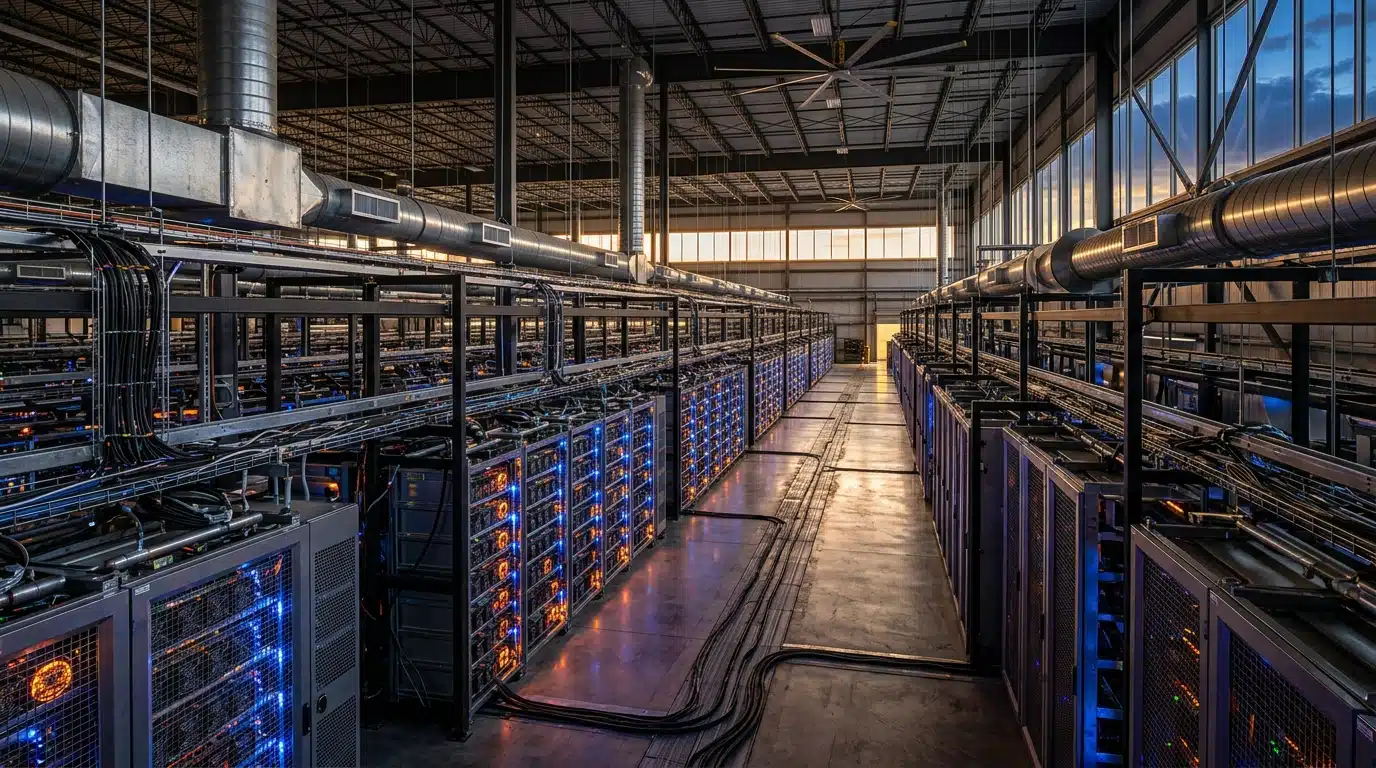 Centre de données minage Bitcoin serveurs illuminés