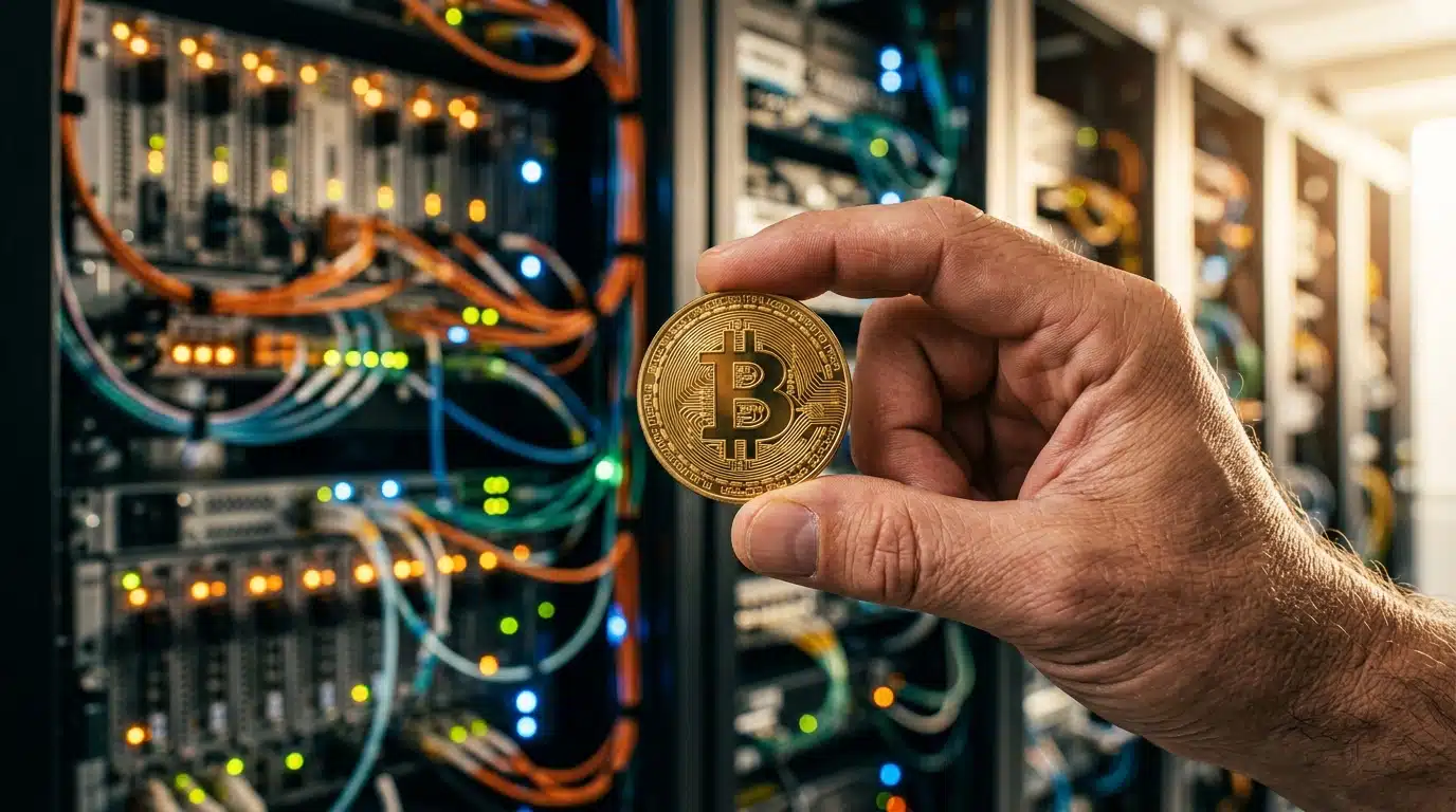 Pièce Bitcoin dorée devant serveurs IA flous