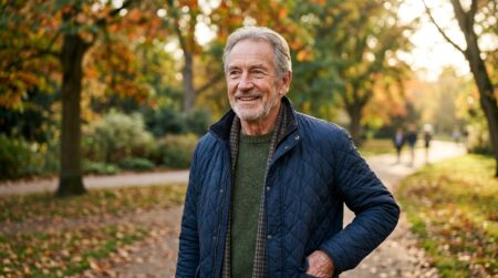 Senior souriant et énergique se promenant en extérieur