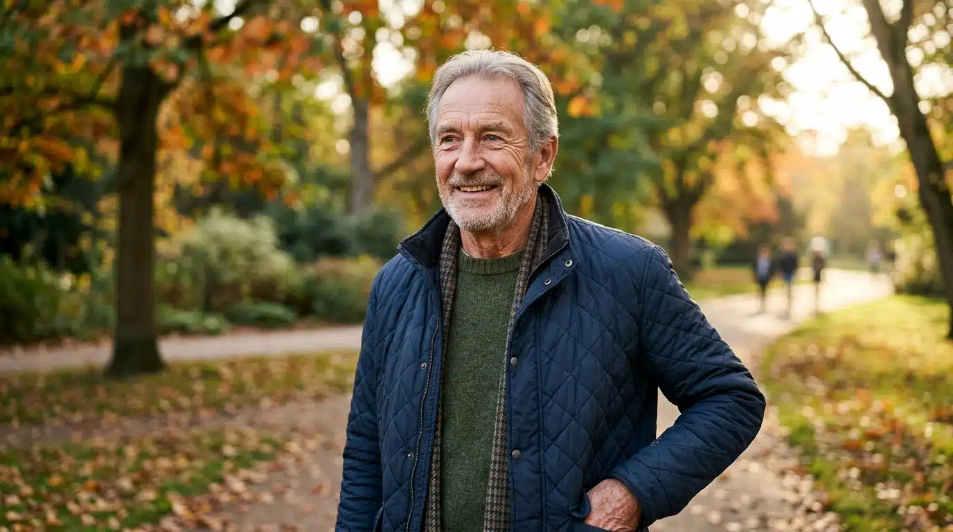 Senior souriant et énergique se promenant en extérieur