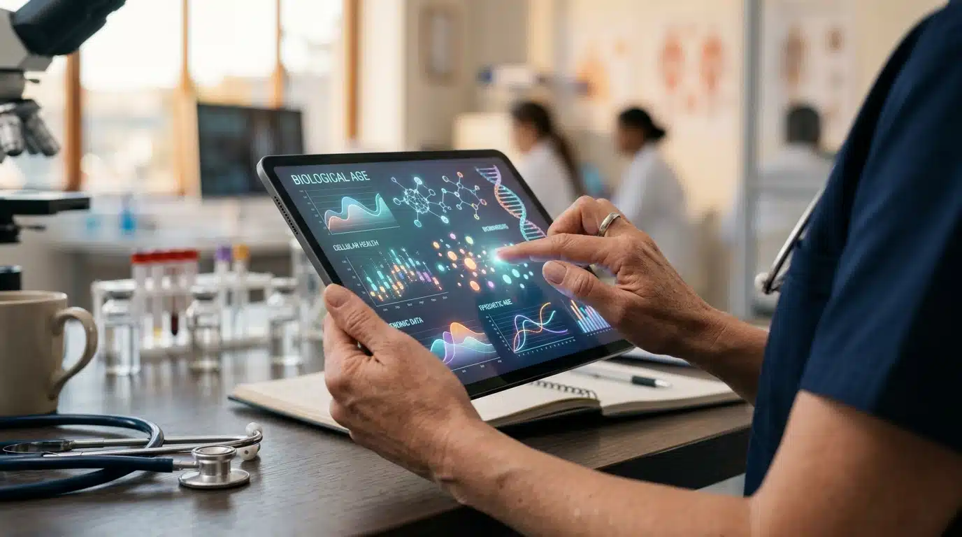 Mains de médecin consultant des données biologiques sur tablette