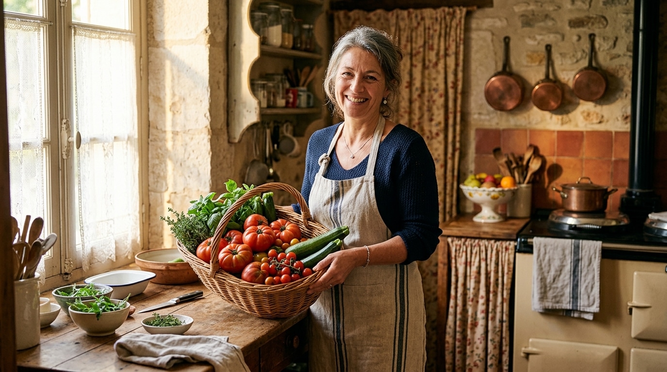 Femme souriante avec un panier de tomates et courgettes fraîches