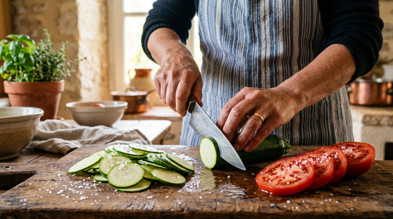 Découpe et dégorgement des tomates et courgettes sur planche