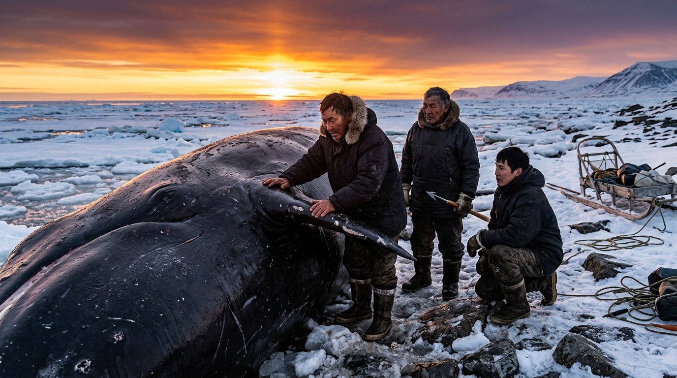 Chasseurs examinant une baleine boréale sur la banquise