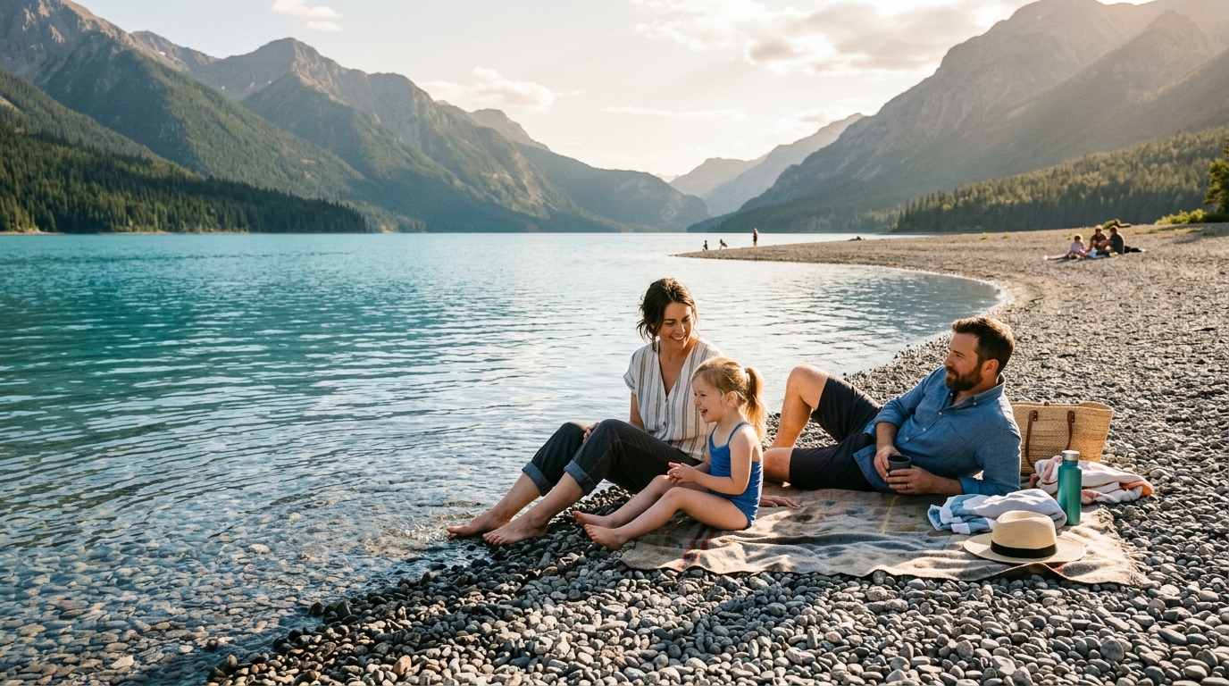Famille profitant d'une plage de lac presque déserte