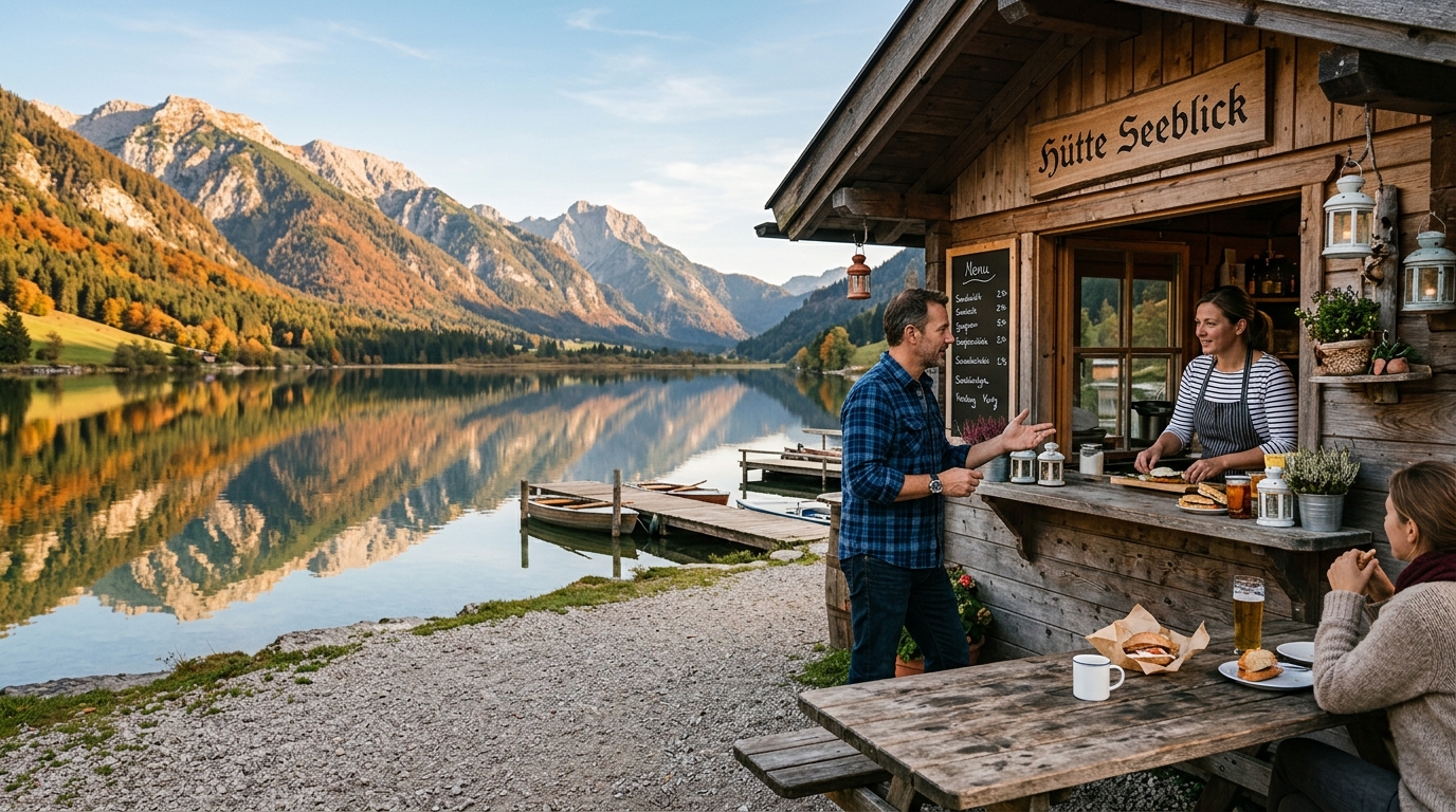 Petit restaurant au bord du lac de montagne en fin d'été