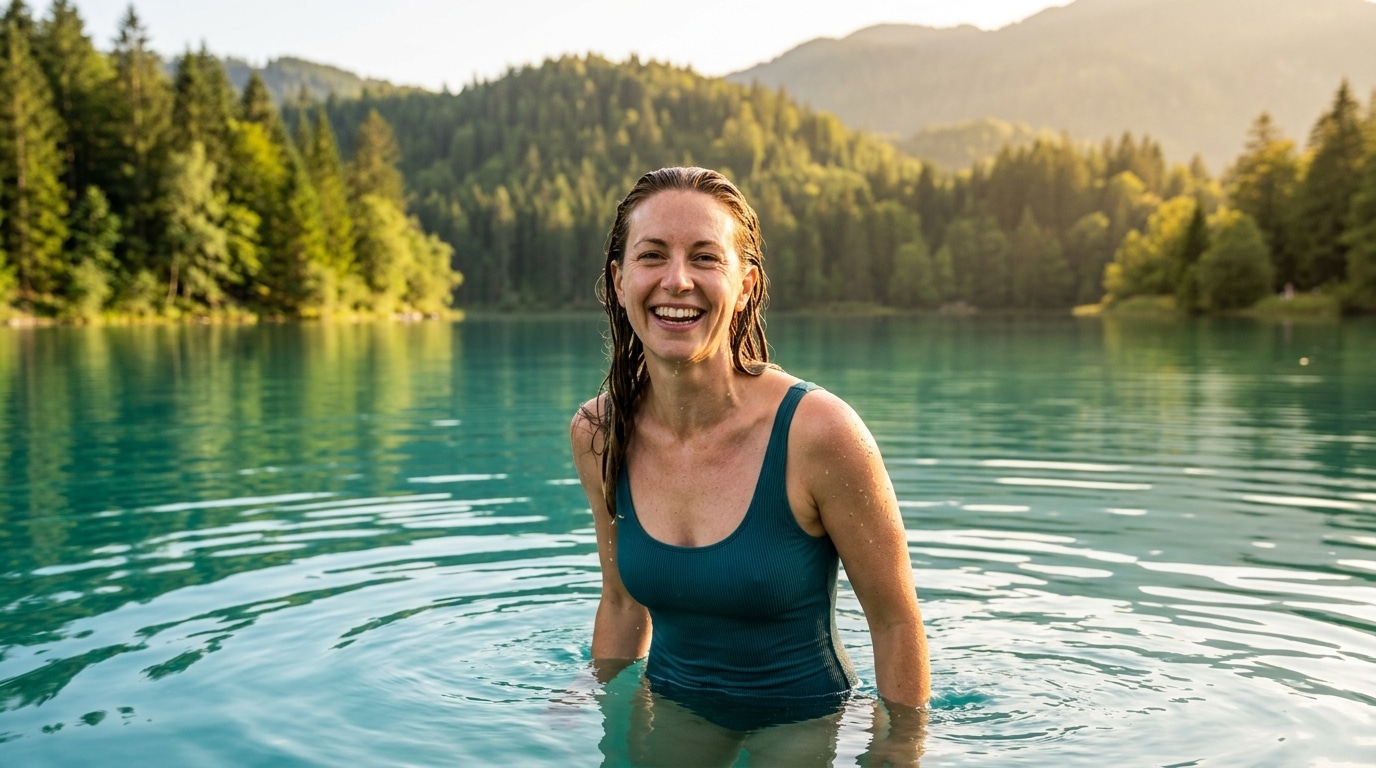 Femme souriante se baignant dans un lac près de Toulouse