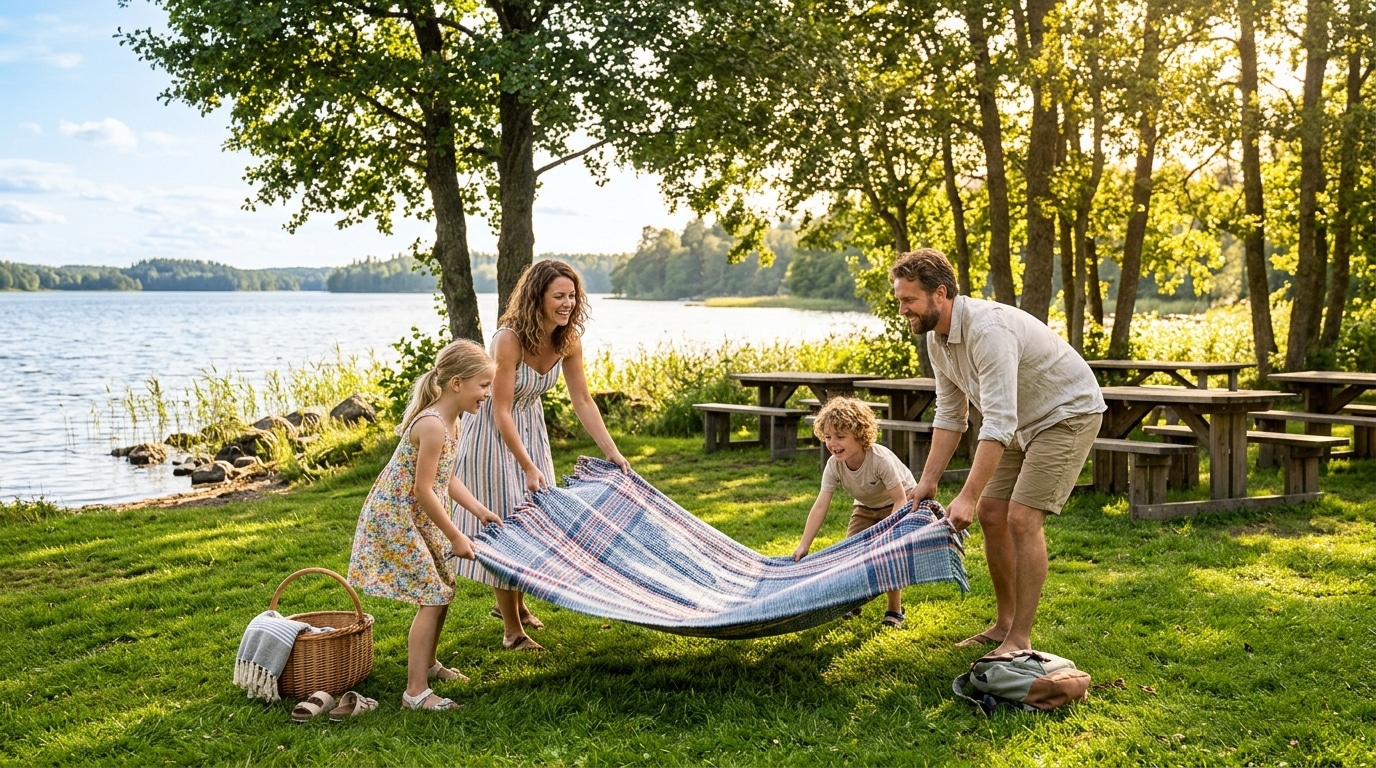 Famille pique-niquant au bord d'un lac ombragé