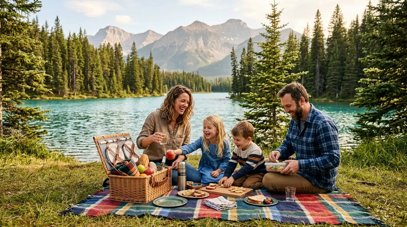 Famille pique-niquant au bord d'un lac de montagne ombragé