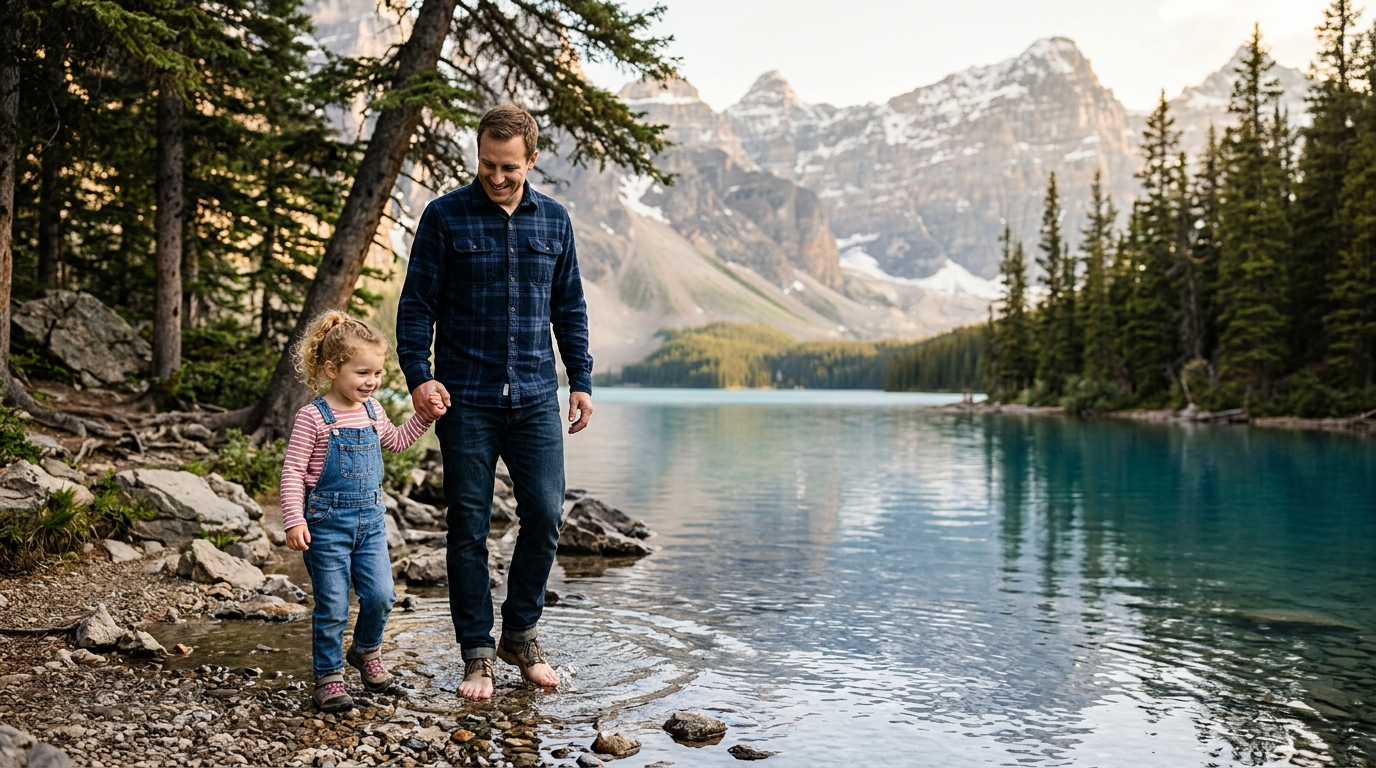 Père et fille près du bord surveillé d'un lac de montagne