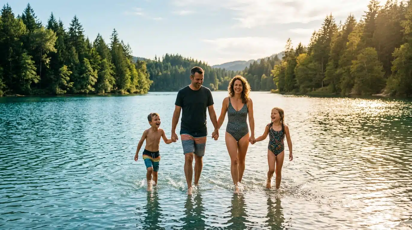 Famille se baignant dans un lac à l'eau turquoise