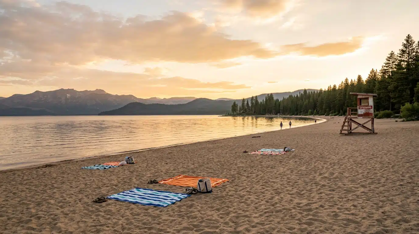 Plage de lac quasiment déserte en fin d'été