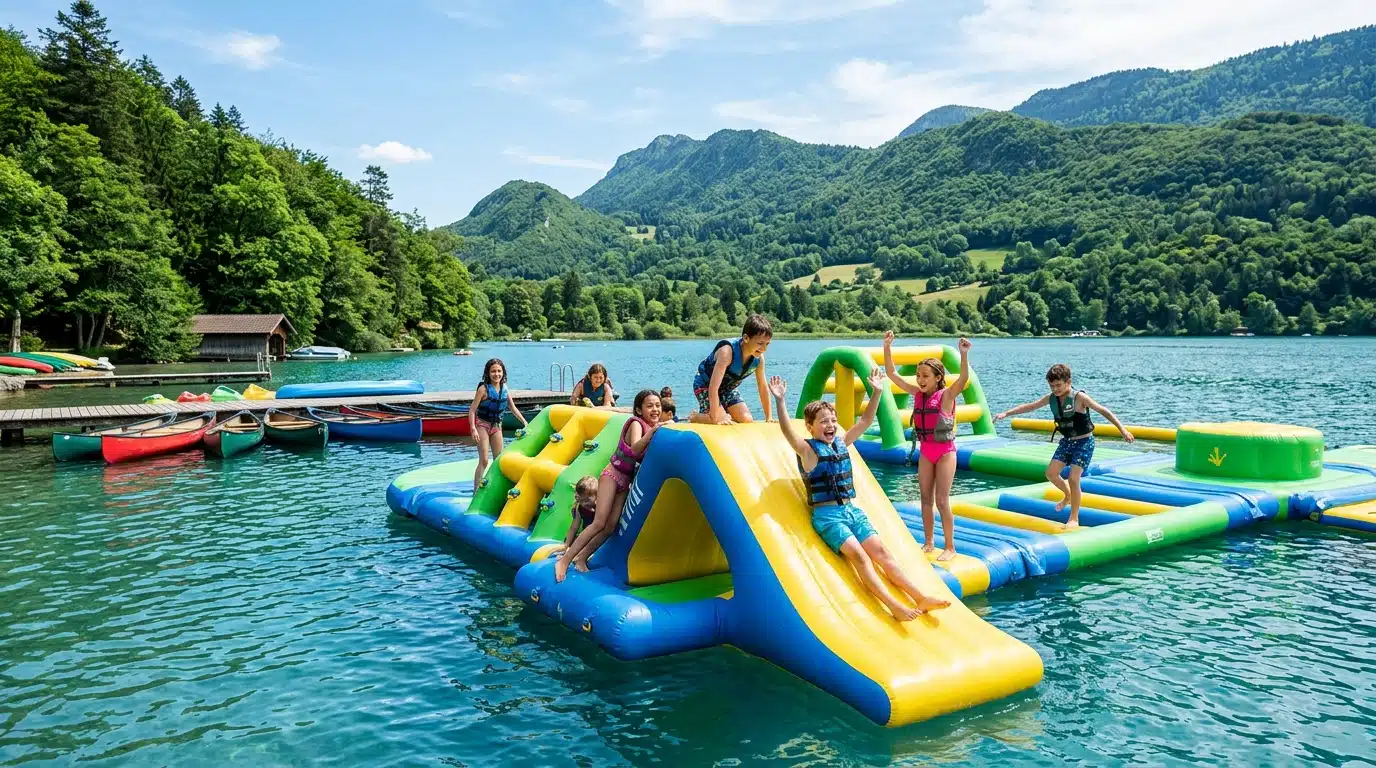 Enfants jouant sur des structures gonflables flottantes