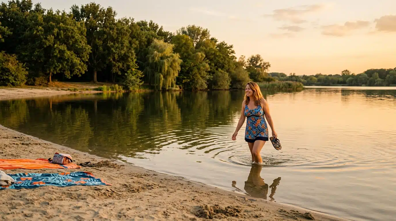 Femme se baignant dans un lac calme près de Paris