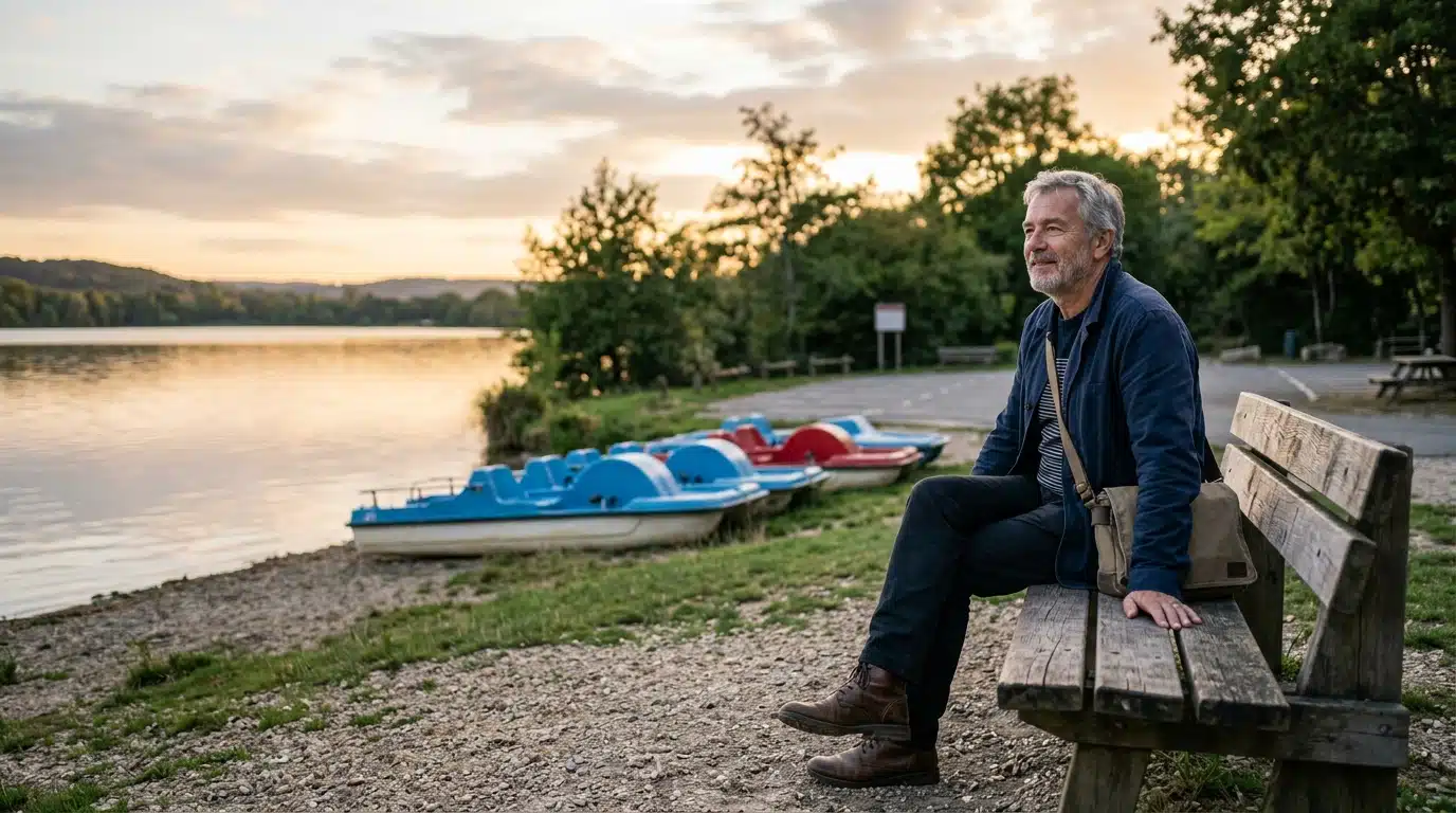 Homme détendu près d'un lac vide en septembre