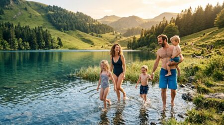 Famille se baignant dans un lac de montagne frais