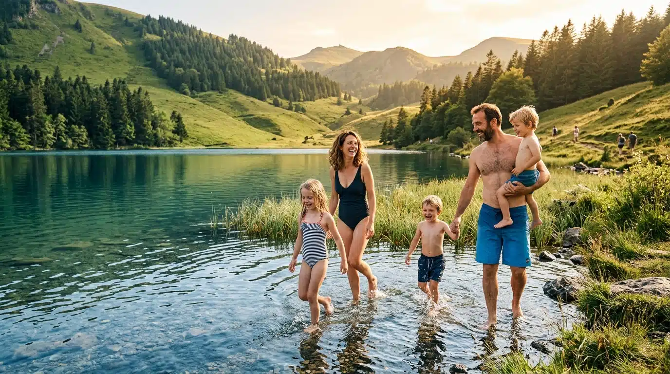 Famille se baignant dans un lac de montagne frais