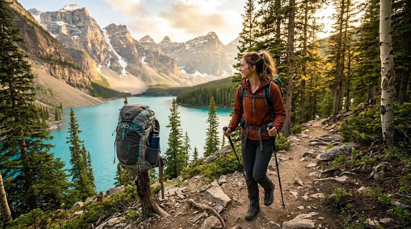 Randonneuse sur un sentier surplombant le lac