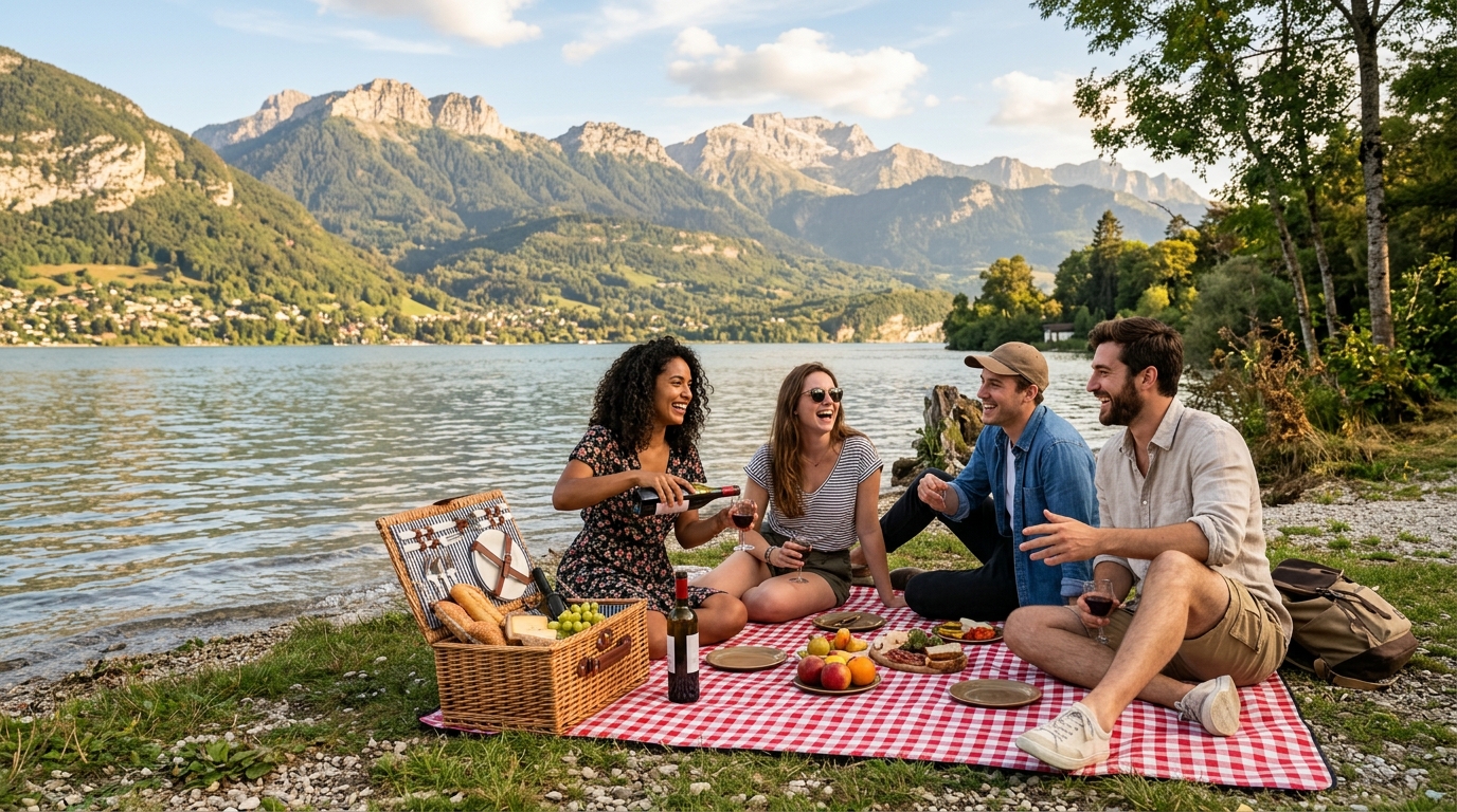 Amis pique-niquant au bord du lac en Auvergne