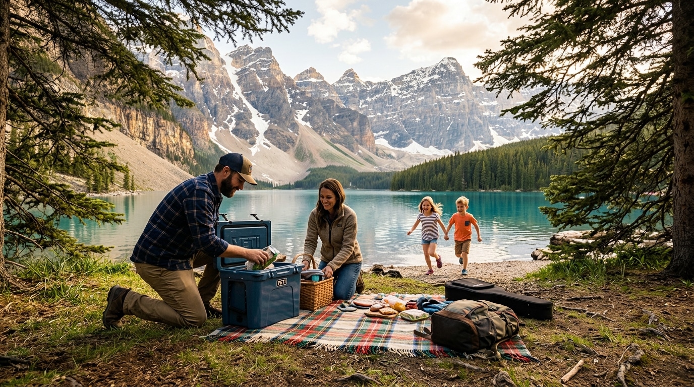 Famille pique-niquant au bord d'un lac de montagne