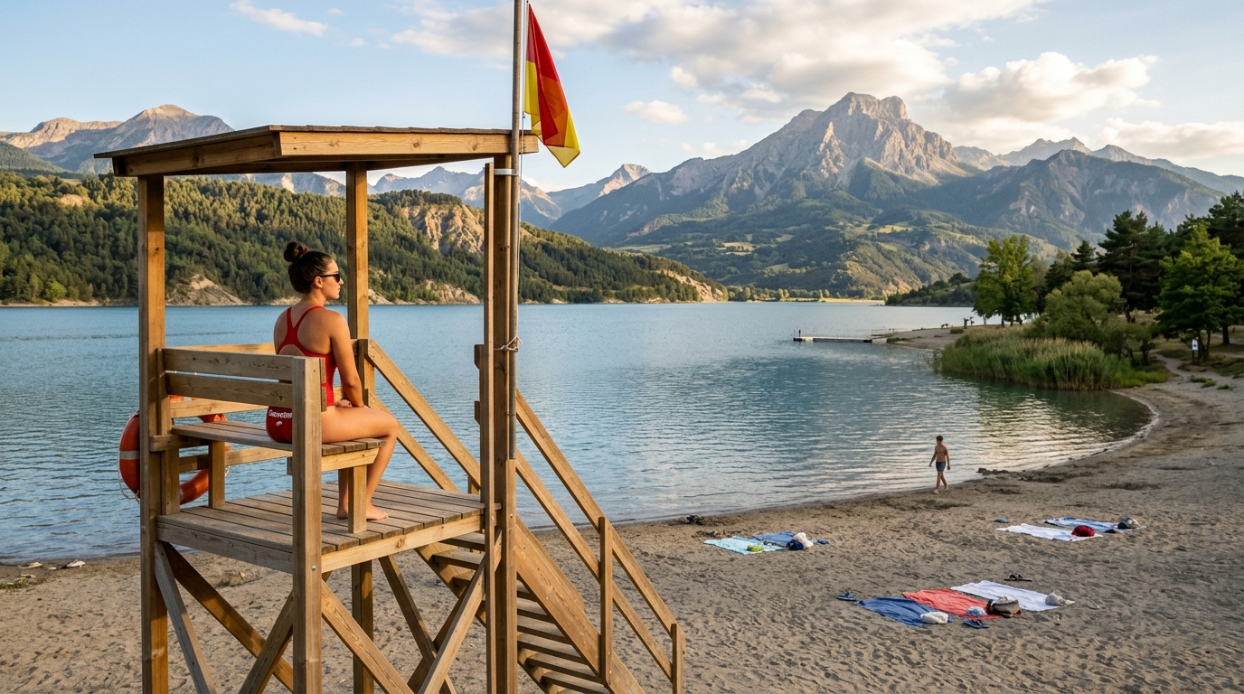 Maître-nageur surveillant une plage de lac presque vide