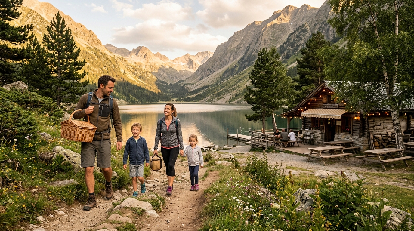 Famille en randonnée près d'une guinguette au bord du lac
