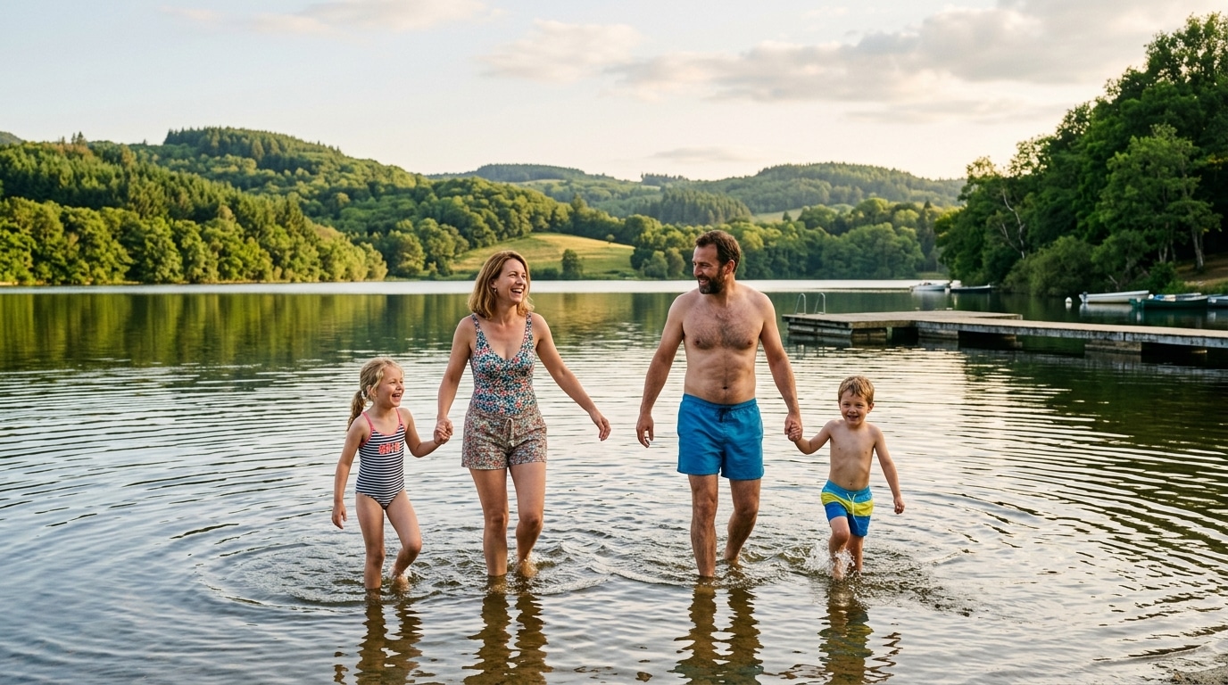 Famille se baignant dans un lac de Corrèze en été
