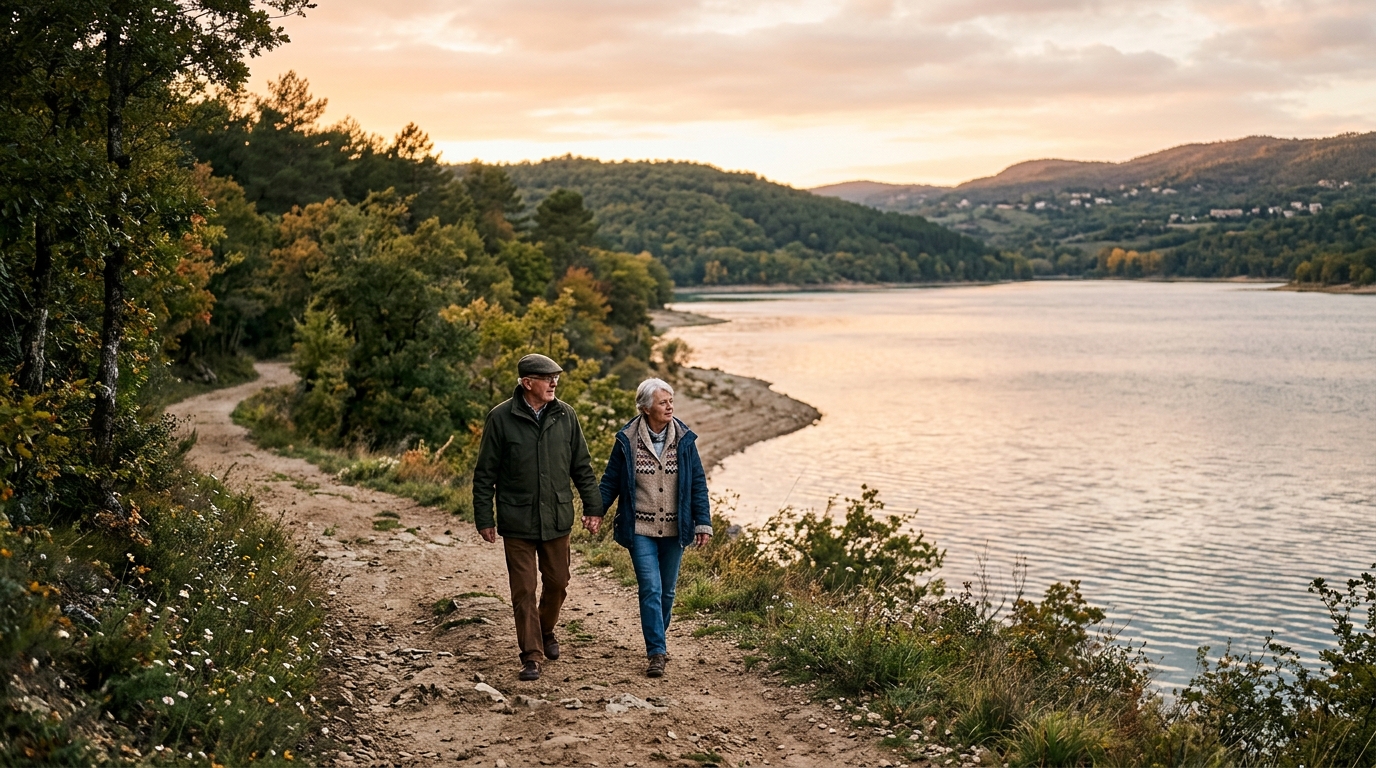 Couple se promenant au bord d'un lac en Corrèze